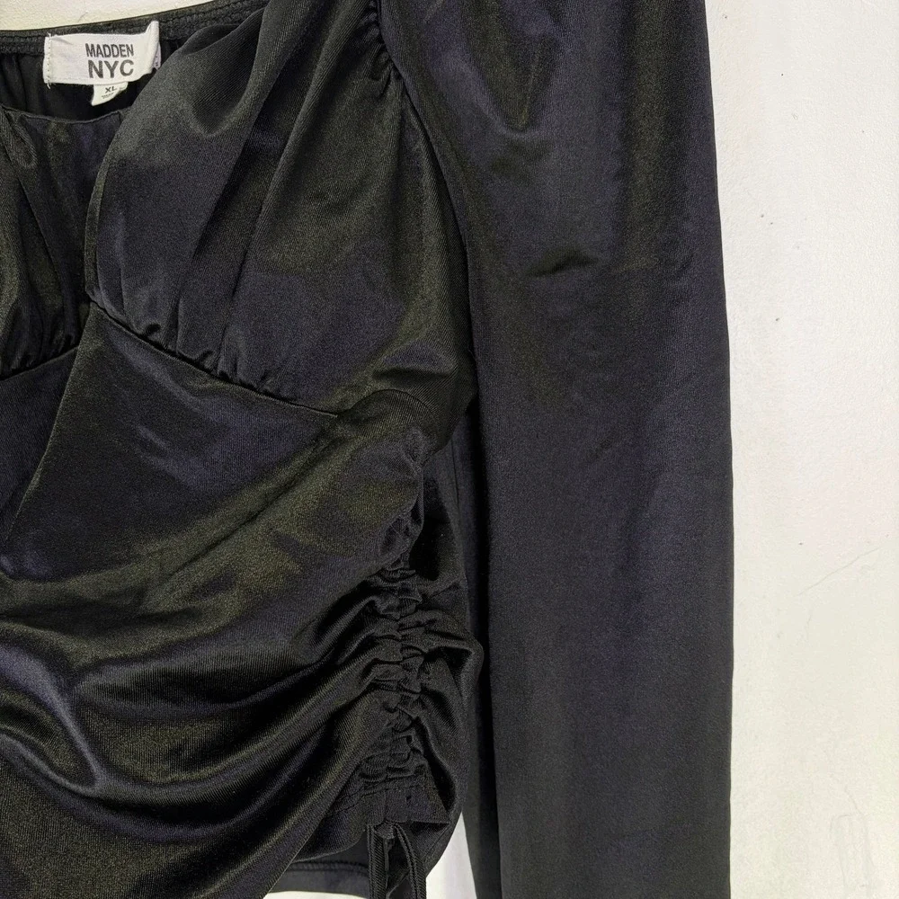Madden‎ NYC Women's XL Black Ruched Sweetheart Neck Side Tie Crop Top Whimsigoth